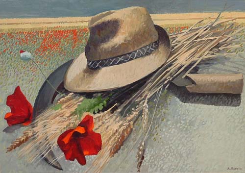 Composizione con cappellino e fascio di grano 
