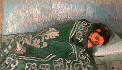 Donna giacente con coperta a ricami